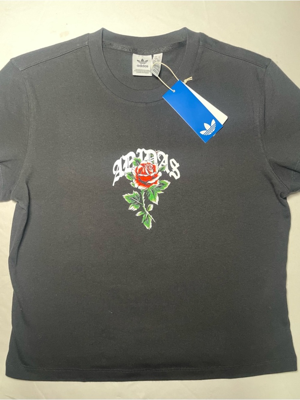 Adidas Rose Tattoo Baby Tee Black Women’s Size L NWT Streetwear